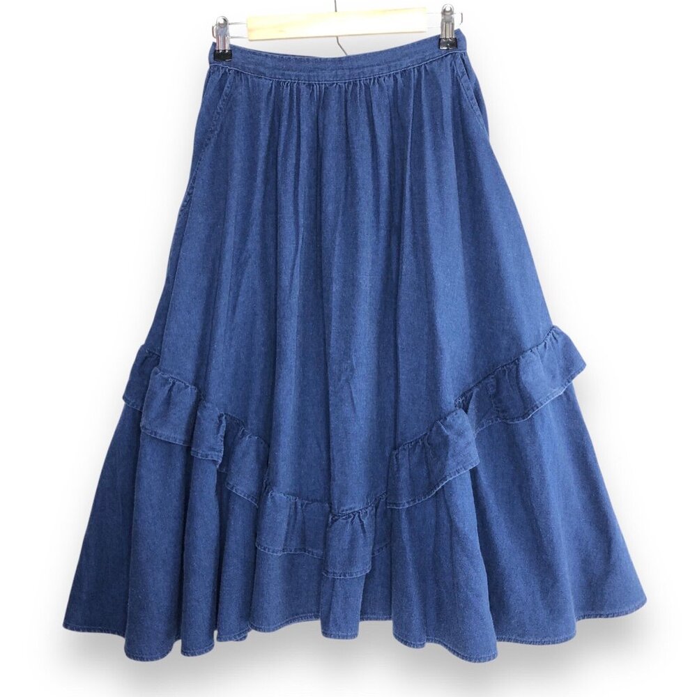 Jacques De Noir Womens Frilled Ruffled Denim Skirt Sz 7 Country Cowgirl Peasant